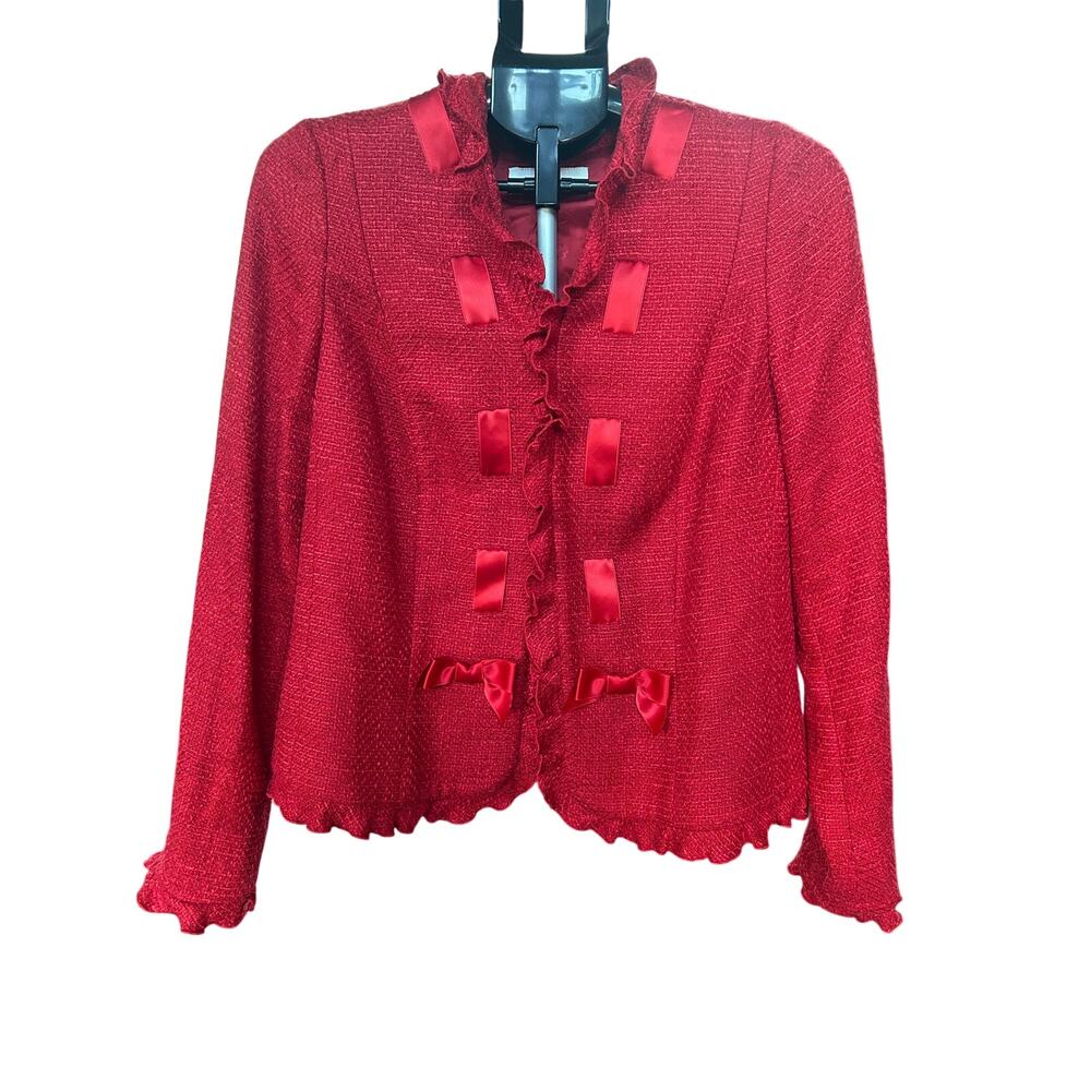 Escada Luxury Red Tweed Jacket Ruffle Ribbon Y2K Vintage Designer Wool M L